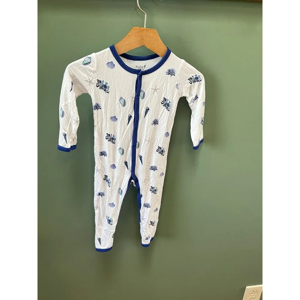 Kyte Baby Bamboo Snap Romper 18-24‎ Months White Blue Seashell Coral Footless PJ